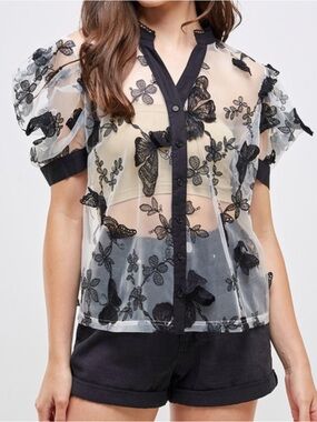 White & Black Puff Sleeve Mesh Floral & 3D Butterfly Button Down Blouse